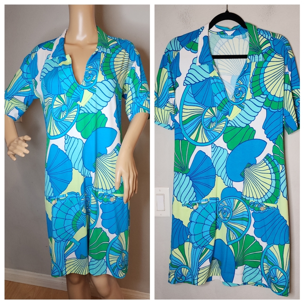 Tori Richard Jersey Knit Short Sleeve Knee Length Dress Blue Green Shells Large